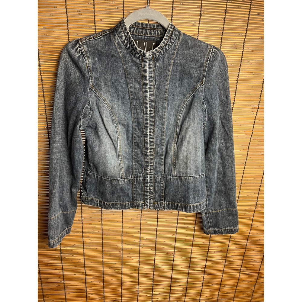 INC International Concepts Petite Denim Jacket Floral Trim Mandarin Collar Small